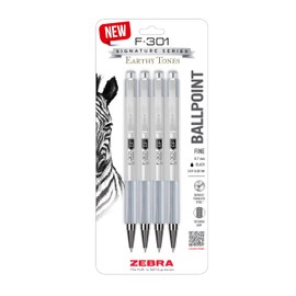 Zebra Pen F-301 Signature Series Retractable Ballpoint Pen, 0.7mm, Black Ink, Durable Stainless-Steel Barrel with Earthy Tones Accents, Pewter Barrel Accents, 4-Pack (27214)