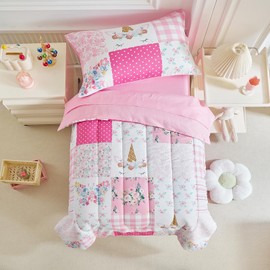 Joyreap 4 Piece Toddler Bedding Set for Girls- Pink n Yellow Clouds Moon Rainbow Lovely Design Toddler Comforter Set, Includes Quilted Comforter, Fitted Sheet, Top Sheet, and Pillow Case