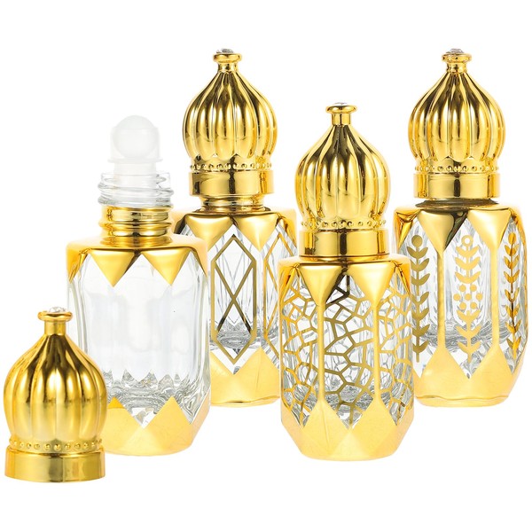 Ciieeo Mini Arabic Crystal Glass Roller Bottles 6ml Tiny Refillable Essential Oil Roll On Bottles Gold Empty Travel Perfume Sample Container 4Pcs
