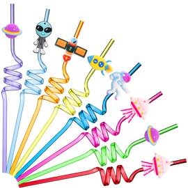 24 Pieces Outer Space Straws Birthday Party Favors Reusable Solar System Plastic Straws Rocket Spaceship Astronaut Satellite Planet Straws for Space Theme Party Baby Shower Supplies Decorations