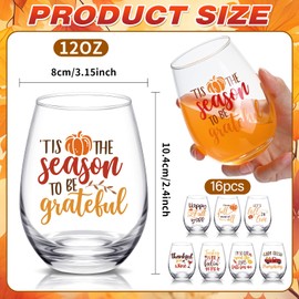 CHENGU 16 Pcs Fall Stemless Wine Glasses 12oz Thanksgiving Cups Pumpkin Maple Leaves Drinking Coffee Glasses Bulk Gifts for Women Men Harvest Autumn Party Supplies Decorations