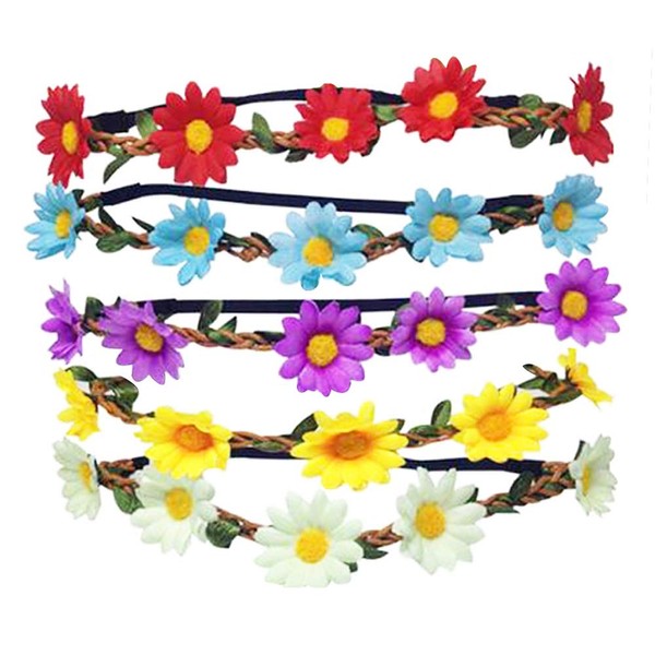 Haobase 5pcs Daisy Flower Headband Hair Band with Adjustable Elastic Band for Women Girls Hair Accessories