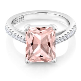 Gem Stone King 3.46 Cttw Peach Simulated Morganite and White Created Sapphire Ring For Women | 925 Sterling Silver | Emerald Cut 10X8MM | Available In Size 5, 6, 7, 8, 9