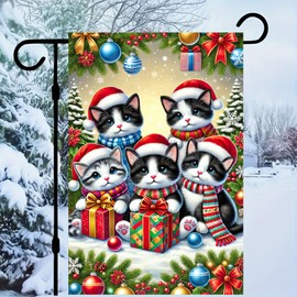 BlissYard Winter Christmas Garden Flag 12"x18" Double-Sided Kitty Kitten Mittens Cat Winter Flag Xmas Gifts Holiday Welcome Santa Hat Scarf Decorative Garden Flag Outdoor Yard Flag Holiday ​