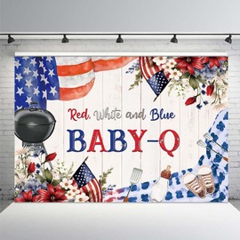 MEHOFOND 7x5ft Red White and Due BBQ Theme Backdrop Boy Girl 4th of July Baby Shower Background Little Firecracker Baby-Q Patriotic Independence Day Pregnancy Party Decoration Banner Supplies