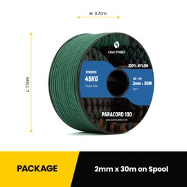Kamu Synber 2mm Paracord 30M 100% Nylon Rope 1 Strand Type I Parachute Cord for Crafting, Outdoor, DIY, Camping | Support 45kg | Dark Green