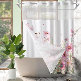MEHOFOND Pink Flower No Hook Shower Curtain with Snap in Liner, Spring Watercolor Floral Plant Shower Curtain,See Through Mesh Top Window,Waterproof Fabric Flowers Hotel Shower Curtain Set 71" x 74"