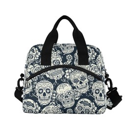 ALAZA Lunch Bags for Women Girls Boys, Skull and Flower Insulated Lunch Box with Shoulder Straps and Handle, Crossbody Tote Lunch Bag for School Office