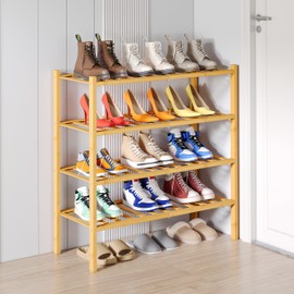 Smiry Shoe Rack, 4 Tier Bamboo Shoe Organizer, Sturdy Stackable Free Standing Wooden Shoe Storage Shelf for Closet, Garage Entryway, Front Door Entrance, Natural
