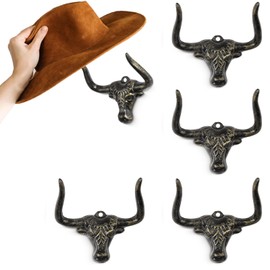 HYDERMUS Cowboy Hat Rack for Wall 4 Pack Cast Iron Cowboy Hat Holder Cowgirl Hat Hanger Western Wall Decor Longhorn Decorative Wall Hooks for Storage and Organization at Closet Bedroom Antique Gold