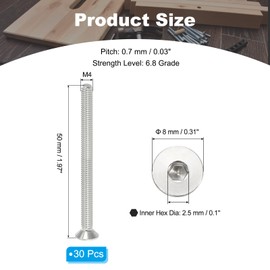PATIKIL M4 x 50mm Flat Head Socket Cap Screws, 30 Pack 304 Stainless Steel 18-8 Machine Screws Flat Countersunk Bolts Hex Socket Drive Fasteners Grade 6.8
