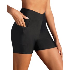 Yonique Womens Swim Shorts High Waisted Swim Bottoms Tummy Control Bathing Suit Bottom Boy Shorts(Available in Plus), V-cross Black, X-Large