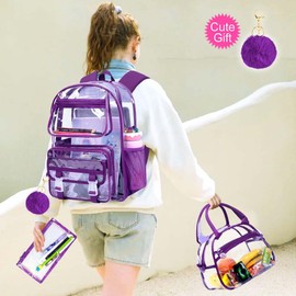 KLFVB Clear Backpack Heavy Duty, 3PCS Girls See Through School Bag Set, Cute Transparent Bookbag for Women - Deep Purple