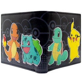 Starters Squirtle and Bulbasaur with Pikachu Black ID and Card Bi-Fold Wallet, One Size