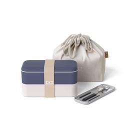 monbento - Natural Lunch Box Set - With Bento Box MB Original with Compartments Made in France, Cutlery Set MB Slim Box Onyx, Bento Bag MB Pochette M Cream - BPA Free - Food Safe - Blue