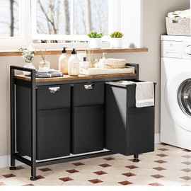 Lulive Laundry Hamper, Laundry Basket Organizer with 3 Pull-Out Removable Bags & Large Top Shelf, 3 × 12.5 Gal (142L) Freestanding Laundry Sorter 3 Sections for Laundry Room, Bathroom and Dorm