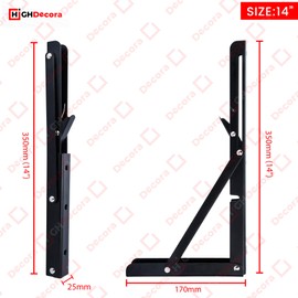 Highdecora Folding Shelf Bracket, 2 Pcs Heavy Duty Foldable Shelf Bracket Metal Wall Mounted Foldable Triangle Support Bracket for Table DIY Work Bench (Black, 14 inch)