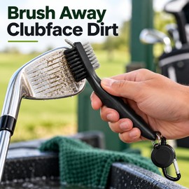 Golf Club Cleaning Brush with Lid, Dual-Sided Brush and Groove Pick, Retractable Cord and Clip—Black