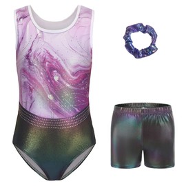 AODOKAT Gymnastics Leotards for Girls with Shorts Set, Sleeveless Dance Leotard Sparkle Ballet Dancewear for Kids 5-14 Years (Purple-sleeveless, 5-6 Years)