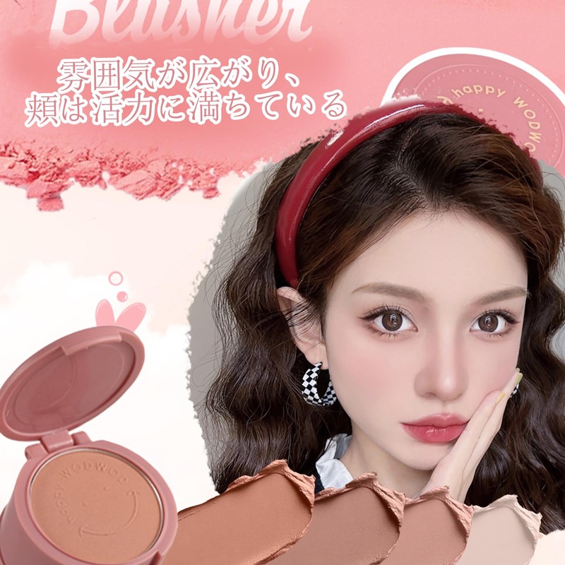 Wirwody チークパウダー 鏡＆パフ付き 3in1ナチュラルチーク 血色感アップ 粉質ふんわり 毛穴ぼかし 携帯用 新手向け 肌色問わず使える