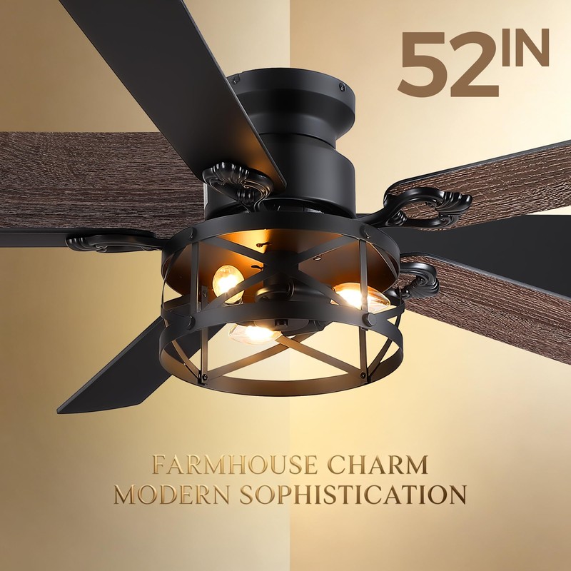 JSAITEE 52in Flush Mount Farmhouse Ceiling Fan with Lights, Caged