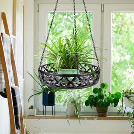 Plant Hanger, 2pcs Metal Hanging Plant Shelf Decorative Planter Flower Pots Holder with Ceiling Hook for Indoor Outdoor, Modern Plant Hanging Basket for Balcony Porch Garden Home Decor, Black