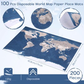 Mixweer 100 Pcs Paper Disposable World Map Placemats, 11 x 17 Inch Travel Adventure Dinner Lunch Map Paper Table Mats Travel Bon Voyage Adventure Awaits Themed Party Decorations Supplies