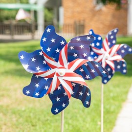 Glitzhome 43.25" H 4 Pack Plastic Reflective Pinwheels Patriotic Decorations American Flag on Stick Windmills with Stakes