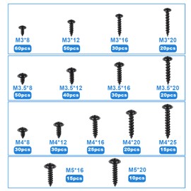 445 Pcs Phillips Pan Head Self Tapping Screws, M3 M3.5 M4 M5 Black Screws Assortment, Self Drilling Wood Screw Set Round Head Tapper Screw for Metal Plastic Wood