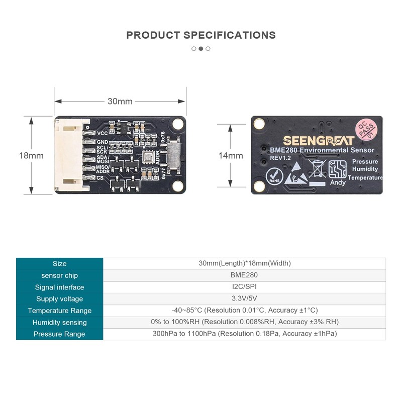 BME280 Environmental Sensor, Temperature Humidity Pressure Module, High Accuracy, I2C/SPI