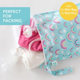 Bumkins - Waterproof Wet and Wetdry Bags - For Beach, Baby, Travel, Swim Suit, Cloth Diapers, Pump Parts, Pool, Gym, Toiletries - Reusable & Easy to Clean - Rainbows Blue