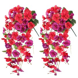 Artificial Hibiscus Fake Hanging Flowers Plants for Outdoors Spring Decoration, 2pcs Faux Silk Outside Hibiscus Long Trailing Vines Realistic UV Resistant for Front Door Planter Porch Patio Yard Urn