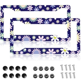 Purple Floral License Plate Frame Aluminum Metal License Plate Frames for Women Fits Standard Us Vehicles (Set of 2, 12.3" x 6.3")