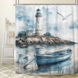 Dizifinn Nautical Coastal Beach Shower Curtain Decor, Ocean Lighthouse Seasides Sailboat Coastal Blue Shower Curtains for Bathroom, with Hook 72X72IN