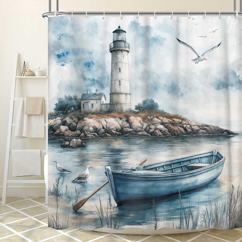 Dizifinn Nautical Coastal Beach Shower Curtain Decor, Ocean Lighthouse Seasides