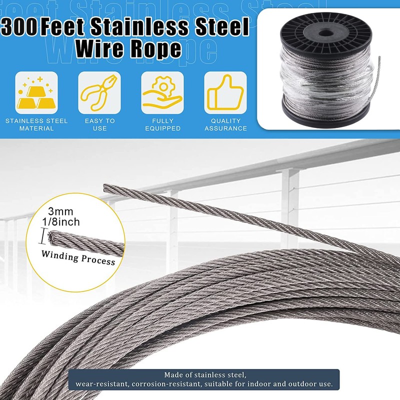 Glarks 72Pcs 1/8" 300ft Stainless Steel Wire Rope Cable Set