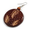 70mm Long/Brown Wooden Round Disk Drop Earrings with Feather Pattern