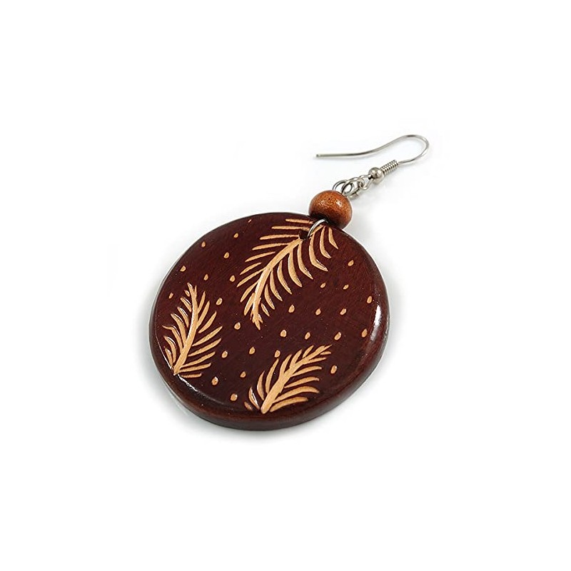 70mm Long/Brown Wooden Round Disk Drop Earrings with Feather Pattern