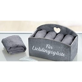 GILDE 4 Guest Towels in Wooden Box, Grey, Favourite Guests as a Gift, in Holiday Homes
