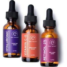 Anti Aging Skin Care Set by Eve Hansen - Best Natural Anti Wrinkle Serum Set, Dark Spot Corrector, Reduce Hyperpigmentation, Acne Scars, Age Spots - Hyaluronic, Retinol, Vit C Serums - 3 X 1 Ounce