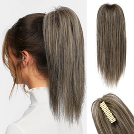 Ponytail Extension, HOOJIH 14 Inch Claw Clip Straight hair extensions ponytail Short Hair Bun Hair Pieces for Women Fake Pony Tails Synthetic Ponytail HE027 - Chocolate Brown Ash Blonde Highlights