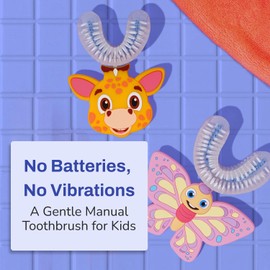 autobrush U Shaped Kids Manual Toothbrush- 360° Design for 5.1X Better Cleaning with Unique Nylon Bristles, Comfort Grip Handle, Waterproof Design, Ages 6-8, Butterfly (Double-Sided)