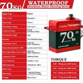 Stemedu 70KG High Torque Servo Brushless RC Digital Servo BLS-HV70MG All-Metal IP67 Waterproof Steering Motor for 1/8 1/10 RC Helicopter Airplane and Buggy Car, 270° Control Angle