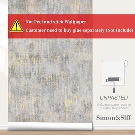 Simon&Siff - Papel pintado texturizado de hormigón envejecido, 17.3 x 40.5 pies, color blanco, dorado/gris, metálico, moderno papel de pared no tela neutro para recámara, papel de pared tradicional