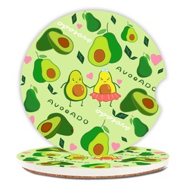Cute Avocado Car Coasters Pack of 2,Absorbent Ceramic Car Coasters Set for Women/Men,Drink Cup Holder Coasters,with A Finger Notch for Easy Removal.