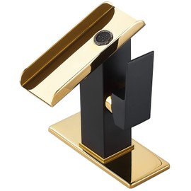 Bathroom Sink Faucet Black Gold 1 Hole Single Handle Waterfall Open Spout Bath Faucets Brass Sinks Lavatory Bath Vanity Faucets Basin Mixer Tap Supply Line Golden Hole Cover Plate