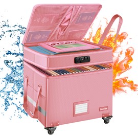 DocSafe File Box with Lock,2-Layer Fireproof Document Box with Wheels,Collapsible Rolling File Storage Organizer with Pockets,Large Portable Home Office Filing Cabinet Safe for Hanging Folders,Pink