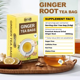 LeafLea 40 Ginger Tea Bags, 100% Pure & Natural from Dried Ginger Root Tea, Spicy & Comforting Herbal Tea Supports Digestion, Caffeine Free, Sugar Free, No Gluten, Non-GMO, Vegan