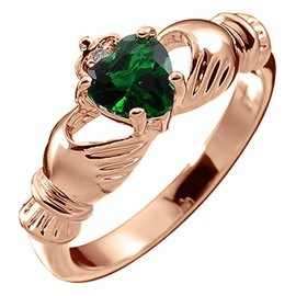 GWG Jewellery 18K Rose Gold Coated Claddagh Love Ring with Emerald Green Heart Stone, Hands, and Crown – 7 in Gift Box for Women