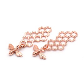 Vintageparts Honeycomb Pendant with Bee in Rose Gold 2 Pieces for DIY Jewellery Making